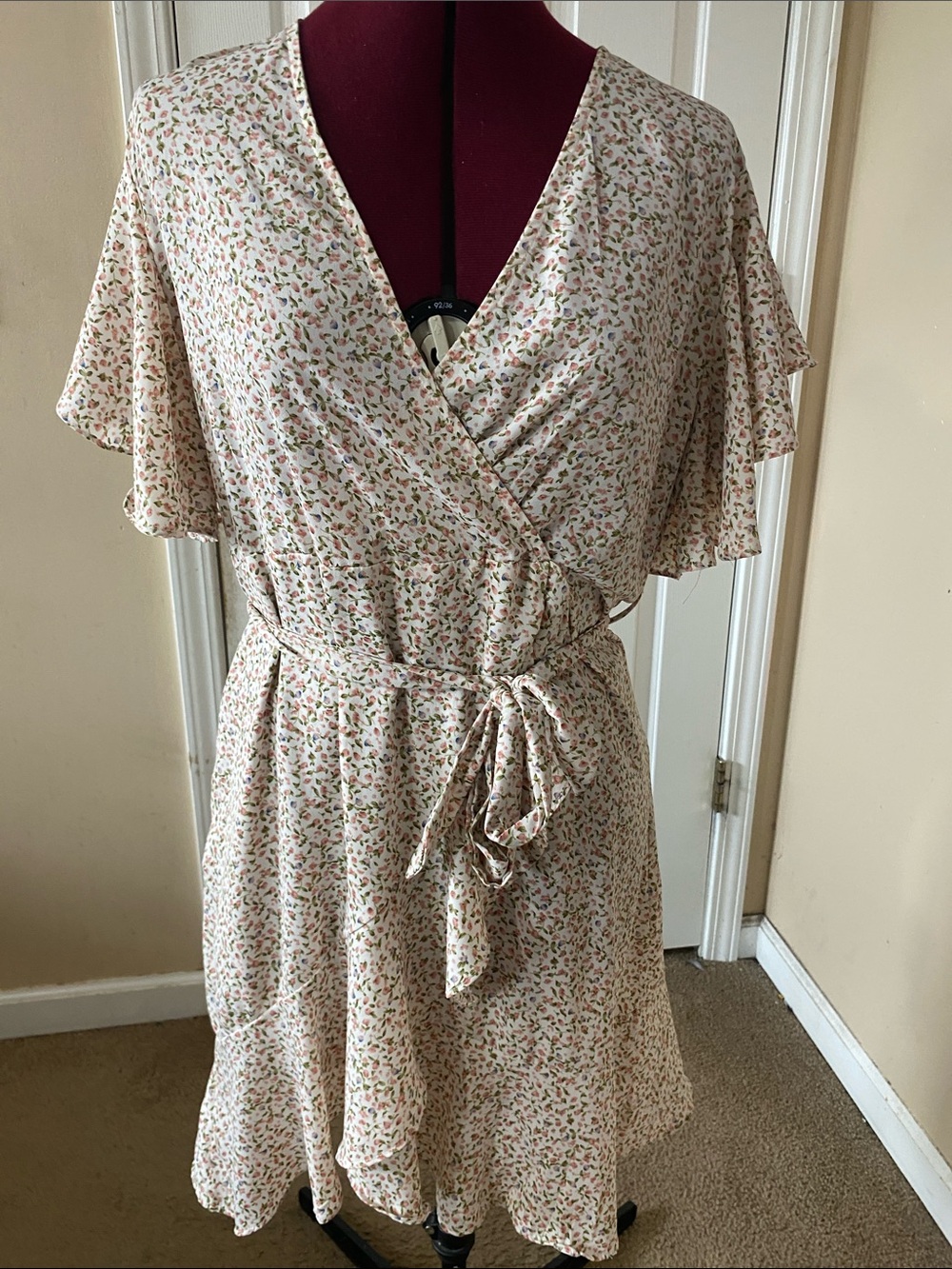 Floral Wrap Dress in Cream with Pink & Green Accents